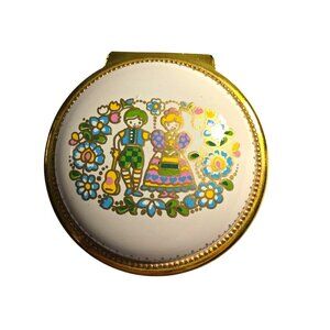 Vtg Round Enamel Brass Trinket music Box Folk Art made in Japan cottagecore